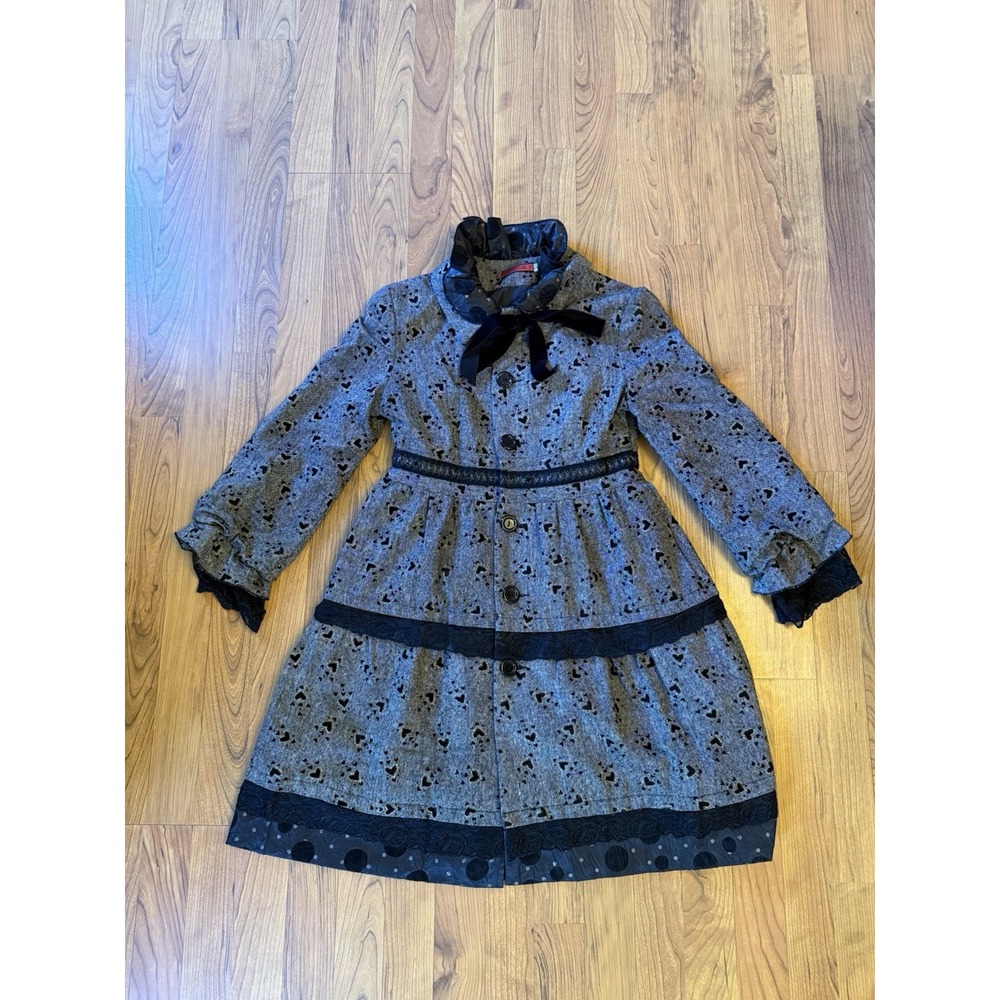 Japanese Gray Heart Print Coat Dress | Velvet Bow Lace Trim Coquette Y2K Lolita